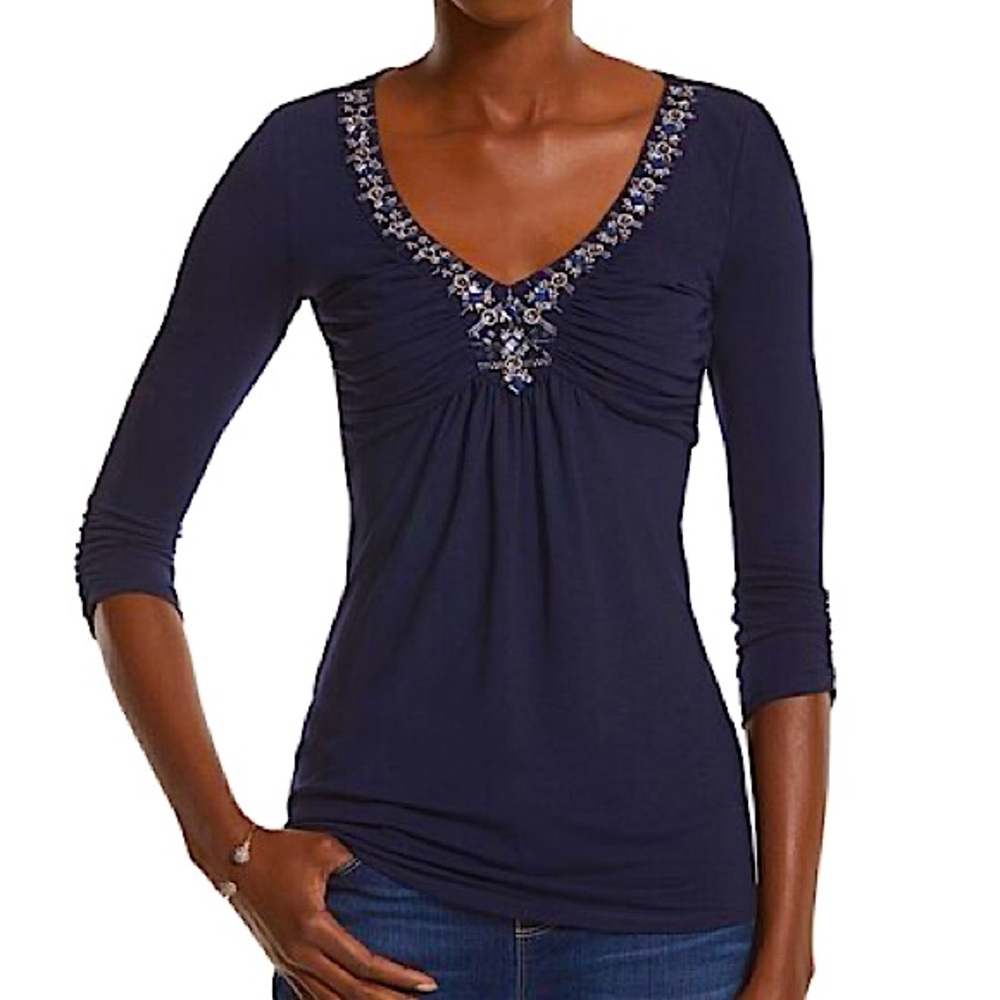WHBM NAVY EMBELLISHED V-NECK TOP